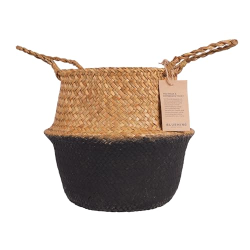 Blueming Home Wicker Plant Basket – Medium Seagrass Planter Pot for Faux Olive Trees or Houseplants, Decorative Woven Black Bottom Wicker Planter for Living Room, Shelf, or Entryway - color: Black Brown, size: Medium