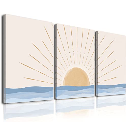 Boho Wall Art Set of 3, Neutral Geometric Sun Rising on the Sea Minimalist Art Framed Canvas Prints Artwork, Mid Century Modern Boho Sun Wall Art Decor for Bathroom, Bedroom, Living Room, Office - size: 12x16Inchx3pcs-Framed