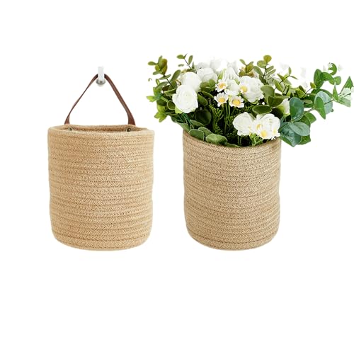 2pack Small Hanging Basket-Cotton Rope Wall Basket with Handle, Hanging Storage Baskets, Shelf Baskets Storage Bin Closet Organizer - 6.3" x 7", Woven Plant Basket (Jute) - color: Jute