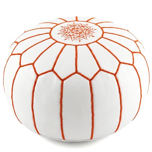 Marrakesh Gallery Genuine Leather Round Pouf Unstuffed - Moroccan Ottoman Footstool, Footrest Cover - Boho Decor - Bohemian Living Room, Bedroom, Kids Room, Gift & Wedding - color: White By Orange