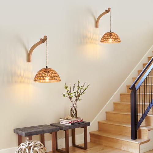 Plug in Wall Sconce,Farmhouse Wicker Wall Lamp Plug in,Hand Woven Rattan Wall Light Farmhouse Rustic Boho Sconces Wall Lighting for Living Room Bedroom - color: 9.8IN Rattan Lampshade, size: 1 PACK