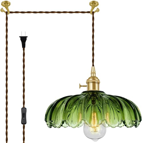 Plug-in Pendant Light Fixture, Hanging Light Fixture, Glass Pendant Light, Swag Lamp with Inline On/Off Switch for Kitchen Island, Bedroom, Dining Room, Living Room (Green, 15 Ft Cord) - color: Green, size: 15 ft