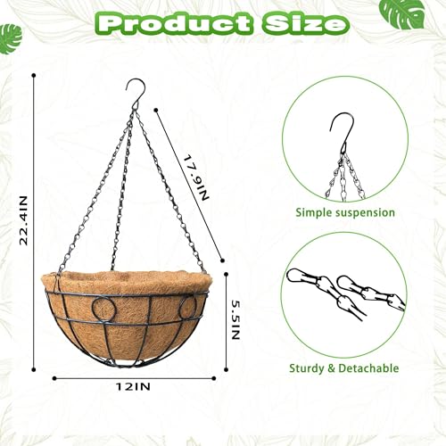 2 Pack 12 Inch Metal Outdoor Hanging Baskets Black Heavy Duty Hanging Planters with Coco Liners for Indoor Outdoor Plants Gardens Patios Terraces（Round） - color: Round