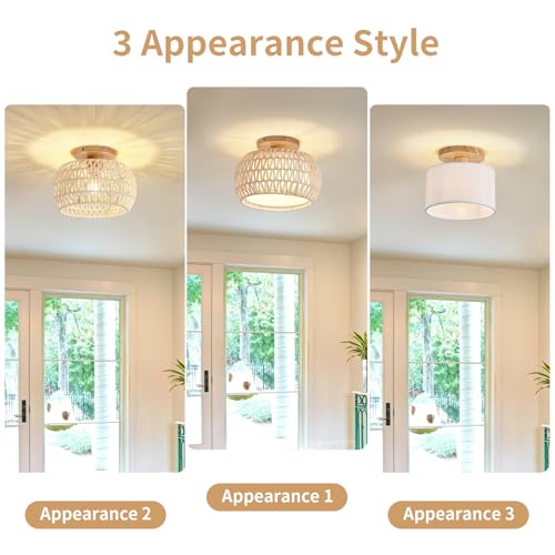 Boho Rattan Ceiling Light Fixture - 3 Style Options Wicker Semi Flush Mount Ceiling Lights,Beige Coastal Light Fixtures,Bohemian Woven Basket Chandelier for Hallway Bedroom Nursery Kitchen Laundry - color: Beige