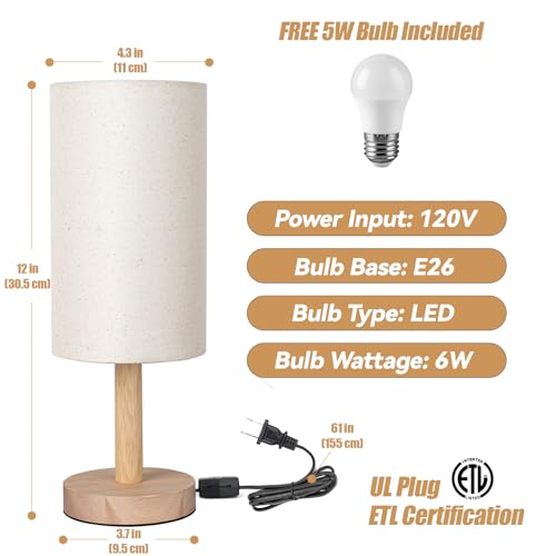 LALISU Small Table Lamp for Bedroom, Nightstand Lamp Linen Lampshade Bedroom Wood Base Small Bedside Lamp for Night Stands, Desk Lamps for Reading Living Room, Office (LED Bulb Included) (Wood Base) - color: Beige Shade+Wood Base
