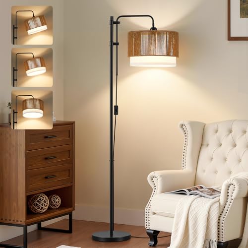 GyroVu Rattan Floor Lamps for Living Room, Farmhouse Boho Arc Standing Lamp, 3 Color Temperatures LED Bulb Included, Handwoven Tall Lamps for Bedroom, Home Office, Corner - color: Black+Rattan