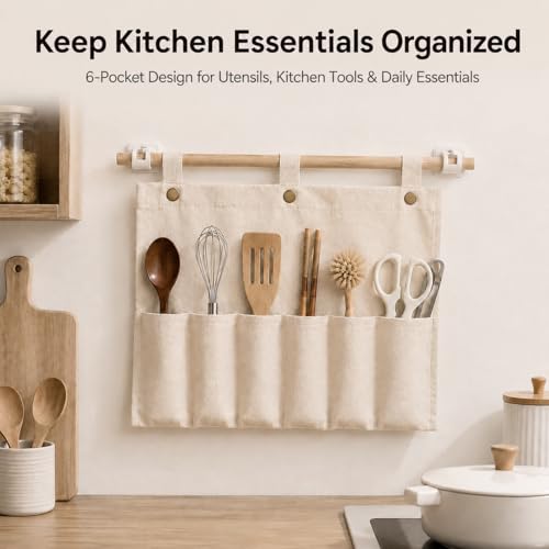 No Drill Canvas Wall Organizer with Mounting Clips, Hanging Pocket Organizer with Wooden Rod, Fabric Wall Storage for Bedroom, Bathroom, Entryway (Medium & Small Set) - size: Medium & Small Set