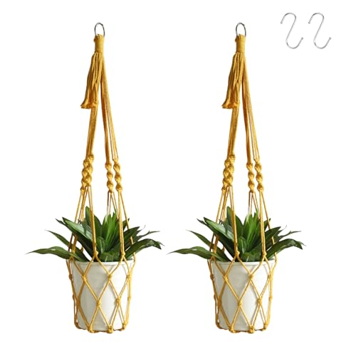 Artilady Boho Macrame Plant Hangers - Handmade Hemp Rope Hanging Baskets for Plants with Ceiling Hooks, Bohemian Home Decor Wall Art (Ginger-Yellow-2pcs) - color: Ginger-yellow-2pcs