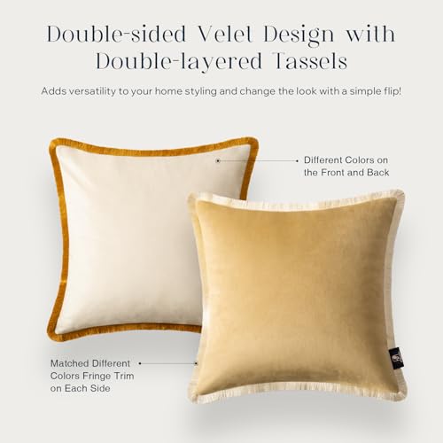 Phantoscope Pack of 2 Velvet Decorative Throw Pillow Covers, Double-Sided Tassel Trimmed Design, Soft Luxury Velvet Pillows Square Cushion Case for Couch Sofa Bed, Beige, 18 x 18 inches 45 x 45 cm - color: Beige/Cream