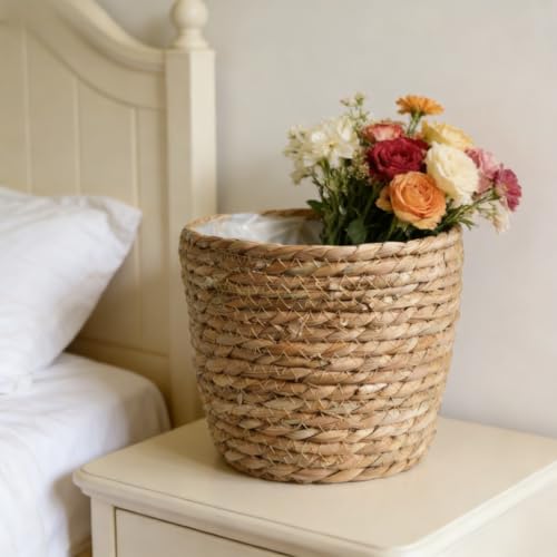 8 inch Seagrass Planter Basket – Woven Basket with Plastic Lining for Plants, Flower Pot Cover, Storage Organizer for Indoor Plants, Rustic Home Decor, Farmhouse Wicker Planter - size: 8.6"x5.9"