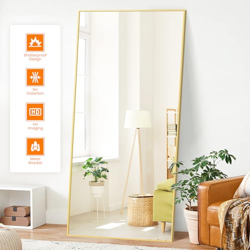 TRAHOME Full Length Mirror, 75"x35" Rectangle Standing Floor Full Body Mirror for Wall with Aluminum Alloy Frame for Bedroom, Living Room, Dressing Room(Gold) - color: Gold, size: 75"L x 35"W