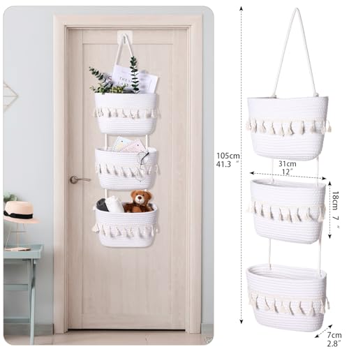 SiliFine Over the Door Hanging Basket Boho Woven Wall Hanging Baskets 3-Tier Cotton Wall Mounted Storage Organizer Bag Macrame Decorative for Kitchen Laundry Room Stairs(White) - color: White
