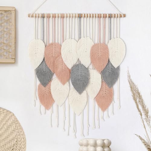 Alynsehom Macrame Wall Hanging, Boho Woven Tapestry, Chic Modern Bohemian Handmade Leaf Feather Wall Art Home Decor for Apartment Dorm Living Room Bedroom Nursery Backdrop(23.6" W X 29.5" L) - color: Pink Beige-23.6"W X 29.5"L