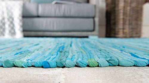 Unique Loom Chindi Cotton Collection Soft Hand Woven Natural Fiber Striped Area Rug, 2 ft 2 in x 3 ft, Turquoise/Ivory - color: Turquoise/Ivory, size: 2'2" x 3' (Rectangular)