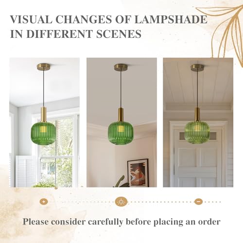 BOKT Mid Century Green Glass Pendant Lights 2-Light Mini Globe Ceiling Pendant Light Ribbed Glass Pendant Light Gold Finish Hanging Light Fixture for Kitchen Island Foyer - color: Green-2 Pack