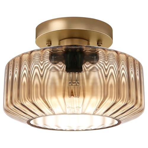 Amber Semi-Flush Mount Ceiling Light, Mid-Century Small Ceiling Light Fixture, E26 Base 1-Light Gold Ceiling Lamp for Kitchen Bathroom Hallway Bedroom Entryway - color: Small, 8.66" Amber