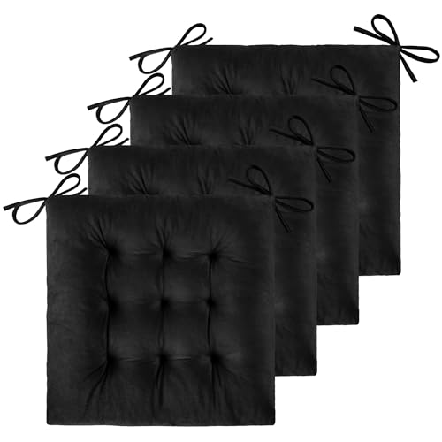 ELFJOY 4 Pack Chair Cushions for Dining Chairs Chair Pads Cushion for Kitchen Office Tufted Square Seat Cushion with Ties (16" Black Velvet) - color: Black Velvet