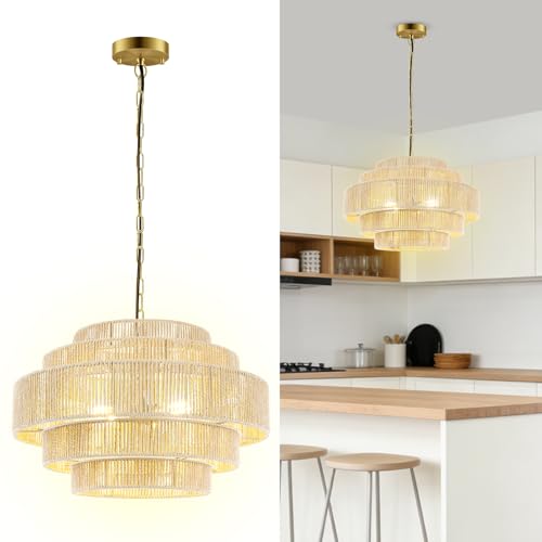 BoostArea 5-Tier Large Rattan Boho Chandelier Light Fixture,20" Hand Woven Pendant Lights Kitchen Island,Large Farmhouse Pendant Light for Kitchen,Dining Room,Hallway, Foyer - color: Gold & Beige