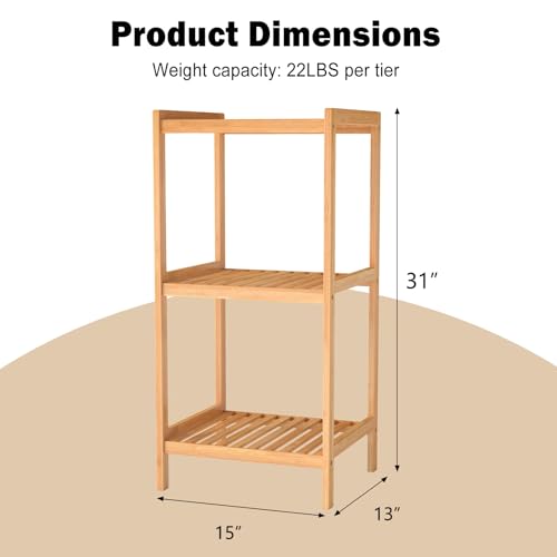 kinbor 3-Tier Bamboo Shelf Freestanding - Space-Saving Bathroom Standing Shelf & Plant Stand, 3 Shelf Bookcase for Kitchen, Living Room, Office (Natural Bamboo, Easy Assembly) - size: 3-Tier