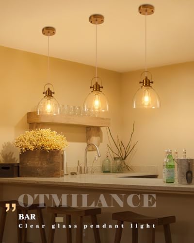 Glass Pendant Lights Kitchen Island 3 Packs, Gold Kitchen Pendant Lighting Over Island, 7.5 inch Modern Kitchen Island Pendant Lights, Farmhouse Pendant Light for Kitchen, Bedroom, Bathroom - color: Clear Glass-Gold+Cord, size: 3-Pack