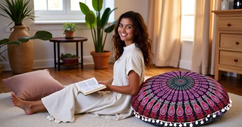 Round Mandala Floor Pillow Cover Seating Cushion Throw Cover Hippie Decorative Bohemian Ottoman Pouf Cover, Pom Pom Pillow Cases,Boho Indian 22 Inches (Pink and White) - color: Pink and White
