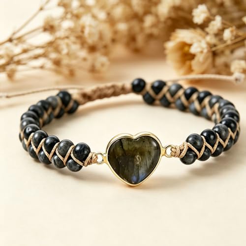 Women Boho Wrap Bracelet,Handmade Natural Stone Crystal Emperor Beads Heart Bracelet, Fashion Bohemian Jewelry Gift for Women - color: Gray