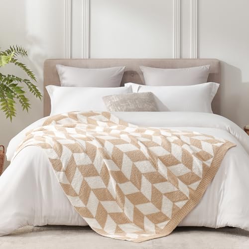 Snuggle Sac Chevron Throw Blanket for Couch, Reversible Super Soft Warm Blankets Cozy Knit Fuzzy Plush Lightweight Throws for Sofa, Bed, Camping, Beige,50x60 inches - color: Chevron Beige, size: Throw(50"x60")