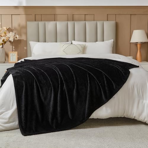 NEWCOSPLAY Super Soft Queen Blanket Black Premium Silky Flannel Fleece Leaves Pattern Lightweight Bed Blanket All Season Use (Black, Queen(90"x90")) - color: Black, size: Queen(90"x90")