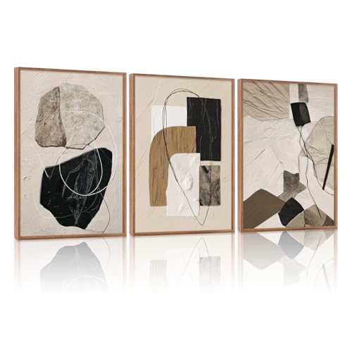 CHDITB Neutral Abstract Framed Wall Art For Living Room, Minimalist Geometric Wall Decor, 3 Piece Modern Canvas Prints, Boho Black And Beige Pictures For Living Room Hallway Stair Office Decor 12”X16” - color: Geometric