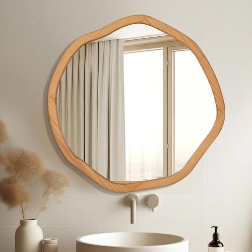 ULIKE Round Wood Mirror, 30 Inch Irregular Circle Vanity Wall Mirror with Wooden Frame, Rustic Decorative Wall Mount for Bathroom Bedroom Living Room Entryway, Natural - color: Wood, size: 30"L x 30"W