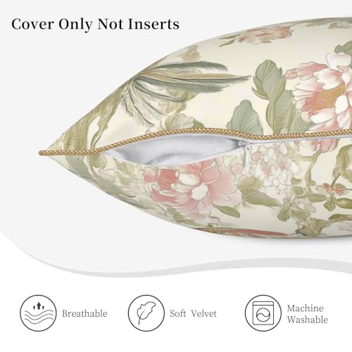 Vintage Bird Floral Velvet Pillow Covers 18x18 Inch Chinoiserie Flowers Leaves Throw Pillows for Couch Farmhouse Cushion Covers Pillowcase Light Green Leaf Pillow Cases for Sofa Bed Outdoor Decor - color: Green Bird, size: 18" x 18" (Pack of 1)