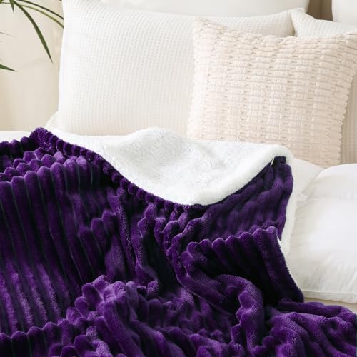 Purple Sherpa Fleece Throw Blanket 60”×80” for Couch Sofa Bed,Super Soft Cozy Plush Double Side Thick Flannel Blanket with Striped Design Lightweight for Adults,Woman,Girls - color: Purple, size: 60×80inch