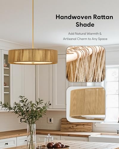 VONLUCE 20" Boho Rattan Chandelier, 4-Light Drum Chandelier with 2-Tier Woven Lampshade, Rattan Ceiling Light for Dining Room Bedroom Living Room with E26 Sockets, Gold Finish, ETL Certified - color: Gold, size: 20inch
