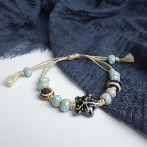 Handmade Green Boho Bracelets for Women, Bohemian Ceramic Beads Bracelets for Friends, Trendy Porcelain Stone Beaded Bracelets for Sisters - color: Blue