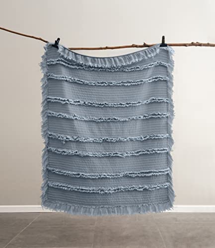 Ultra Soft Pre-Washed Quilted Throw Blanket, Ruffle Fringed Dark Blue Decorative Throw, Stone Washed Chic Rustic Blanket for Sofa Couch Bed Chair, 50"x 60" - color: Dark Blue, size: 50"x60"