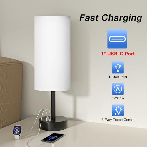 Dicoool Bedside Touch Table Lamps for Bedroom Nightstand with USB-C USB-A Charging Ports White, 3 Way Dimmable Small Lamp Fabric Shade Black Base for Office, Living Room, Dorm Room Reading - color: White-Black Metal, size: 14in