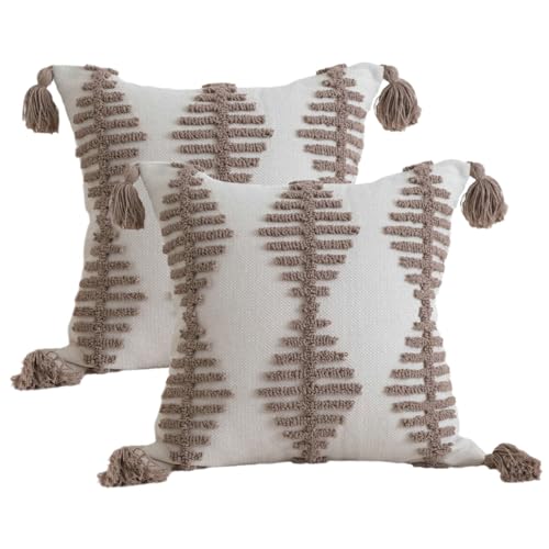 Andreannie Pack of 2 Boho Tufting Throw Pillow Cover Embroidered Textured Cushion Cover with Tassels Soft Home Decororative for Couch Sofa 18x18 inch (Boho Brown) - color: Boho Brown