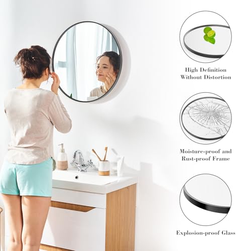 NEWBULIG 24IN Round Bathroom Wall Mirror, Modern Vanity Mirrors for Over Sink, HD Glass Decorative for Entryway, Bedroom & Living Room, Anti-Rust, Tempered Glass, Hanging or Leaning, Black - color: Black, size: 24.2"L x 24"W