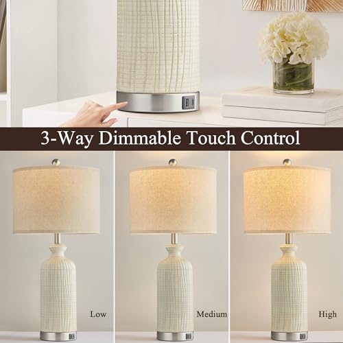 Living Room Lamps Set of 2, 27" Touch Lamps for Nightstand with USB A+C Ports, Modern Farmhouse Table Lamps for Bedroom, Beige - color: Beige