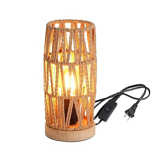 Bamboo Rattan Table Lamp for Living Room, Boho Handmade Woven Cylinder Lampshade Standing Lamp with Natural Wooden Base, Industrial Wicker Desk Light Decoration for Bedroom, Farmhouse