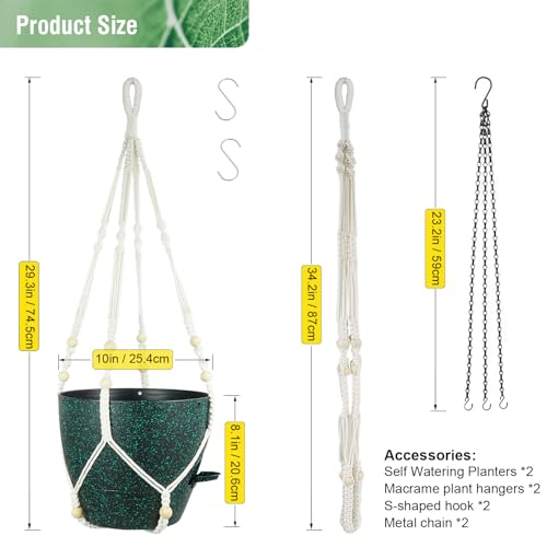 Meowell 10 inch Self Watering Hanging Planters, 2 Pack Hanging Flower Pots for Indoor Outdoor Plants, Hanging Baskets with Drainage Holes & 2 Kinds of Plant Hangers for Home Decor, Speckled Black - color: Black With Green Speckles