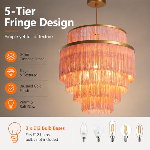 5-Tiered Boho Chandelier with Metal and Fringe,3 Lights Fringe Pendant Light Fixture,Tassle Chandelier for entryway,Dining Room,Baby Nursery - color: Pale blush/Coral-Pendant