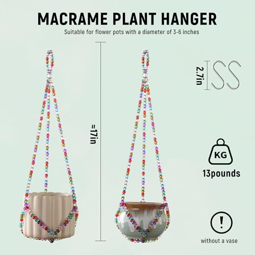 17''，2 Pack Macrame Plant Hanger, Handmade Glass Bead Plant Hanger Colorful Decorative Bohemian Hanging Planter Holder for Indoor and Outdoor Home Garden Decor. Includes Two Hooks. - size: Small