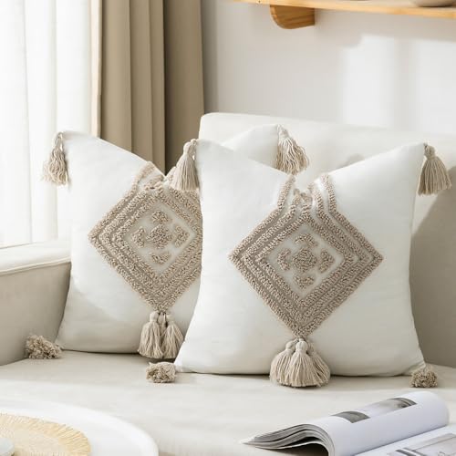 Boho Pillow Covers 18x18 Set of 2 Geometric & Striped Pillow Covers-Hand-Tufted Textured Pillowcases-Farmhouse Linen Decorative Throw Pillows for Sofa, Couch, Bed, Chair, Living Room, Square - color: Lozenge