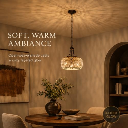 12.6 Inch Farmhouse Boho Chandelier for Dining Room, 3-Light Rattan Chandelier with Woven Lampshade, Adjustable Height Coastal Pendant Lighting for Kitchen Bedroom Island Hallway - color: Brown, size: 3-Lights 12.6 in