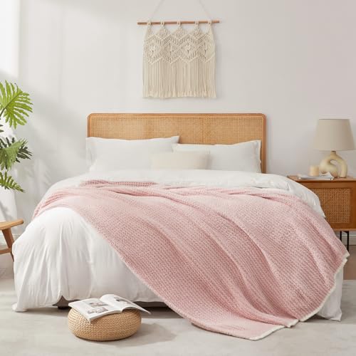 Snuggle Sac Pink Waffle Throw Blanket for Couch Bed Sofa 60x80 inches, Reversible Pink Blanket Microfiber Fluffy Fuzzy Cozy Knit Twin Blanket for Women Mothers Birthday Gifts - color: Waffle Soft Pink, size: Twin(60"x80")