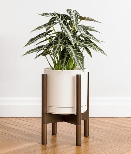 D'vine Dev Ceramic Planter with Walnut Color Stand - 8 Inch Modern Round Flower Pot with Wood Planter Holder, Oatmeal, 55-B-Y-8 - color: Oatmeal Pot + Walnut Color Stand, size: 8 Inch