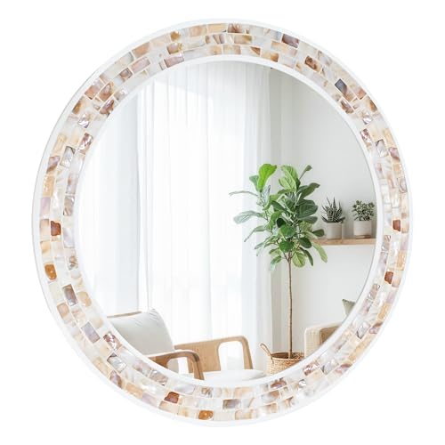 Tanmicoshomy Round Wall Mirror 30 Inch, Natural Brown Shell Framed Circle Mirrors with Tempered Glass for Bathroom Bedroom Living Room or Entrayway - color: Brown, size: 30"L x 30"W