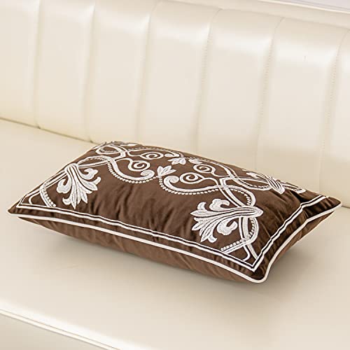 Aeckself European Floral Pillow Cover 12x20 Inch, Luxury Velvet Embroidered Decorative Lumbar Throw Pillow Cover for Couch Bedroom Living Room, Brown and White - color: Brown, size: 20" x 12" (Pack of 1)