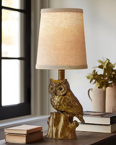 G-SAFAVA 14.25" Small Table Lamp for Living Room Farmhouse Bedside Resin Single Lamp with Gold Owl Lamp Shape for Bedroom Retro Rustic Nightstand Lamp - color: ‏‏‎ ‎Gold